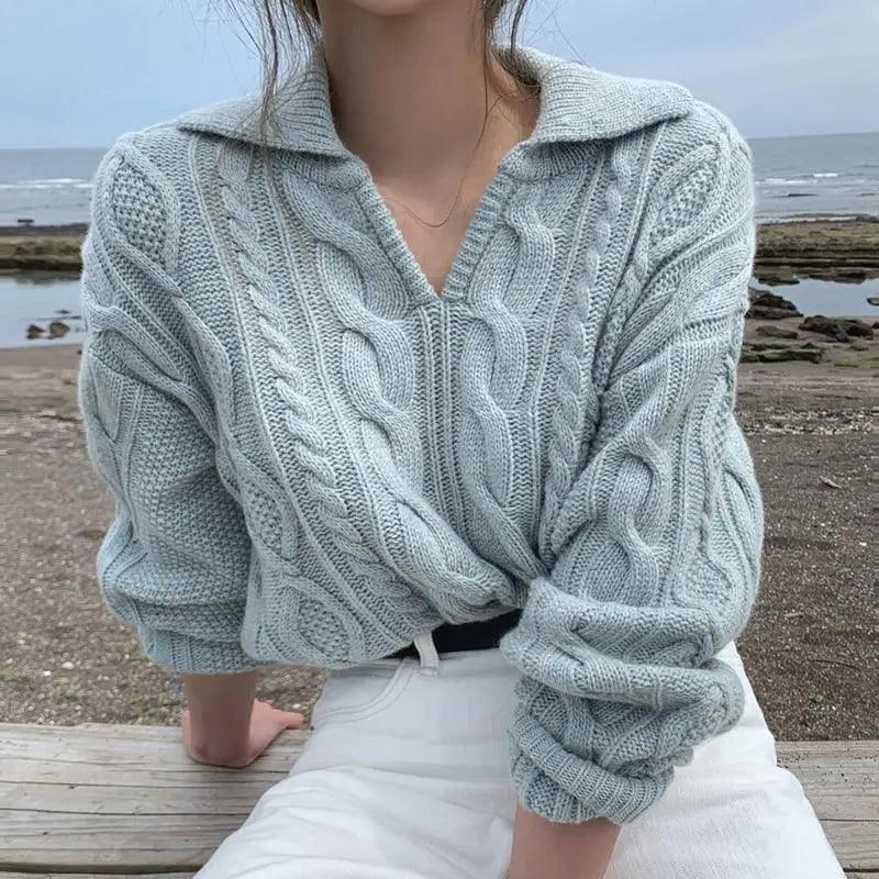 Luxury Kitty Retro Women Sweater Pullovers Knitted Casual Solid Autumn Turn-down Collar Feminine Loose All Match Soft Sweet Tops Stevvex