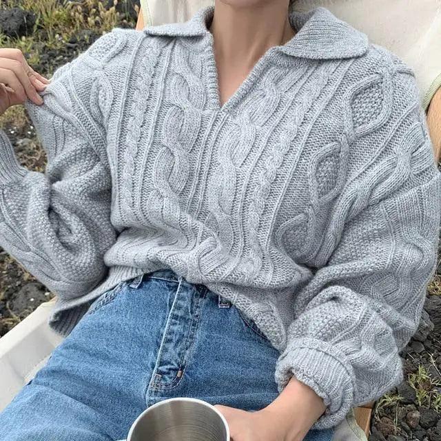 Luxury Kitty Retro Women Sweater Pullovers Knitted Casual Solid Autumn Turn-down Collar Feminine Loose All Match Soft Sweet Tops Stevvex