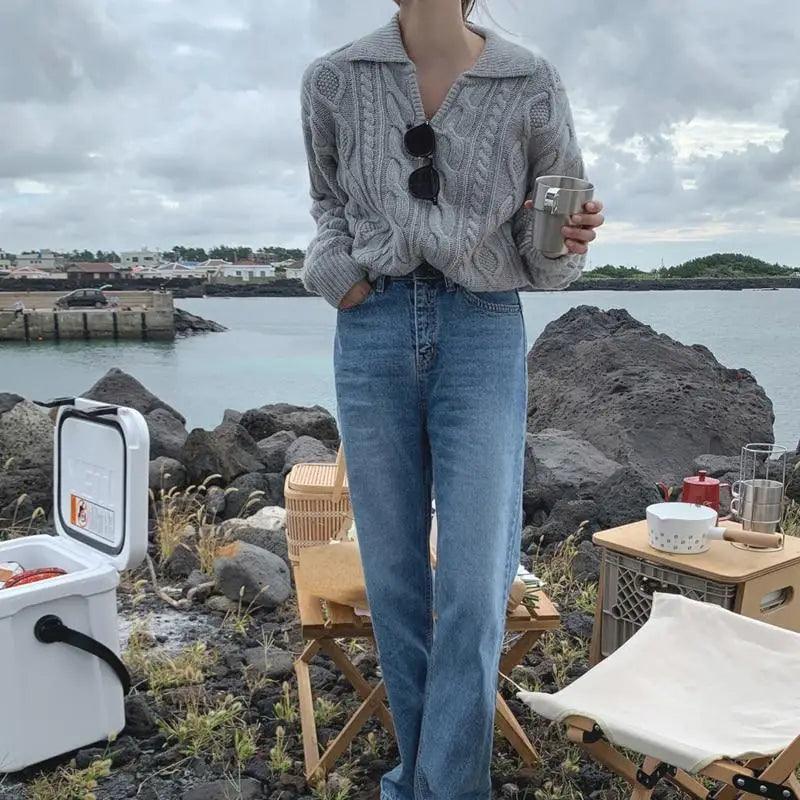 Luxury Kitty Retro Women Sweater Pullovers Knitted Casual Solid Autumn Turn-down Collar Feminine Loose All Match Soft Sweet Tops Stevvex