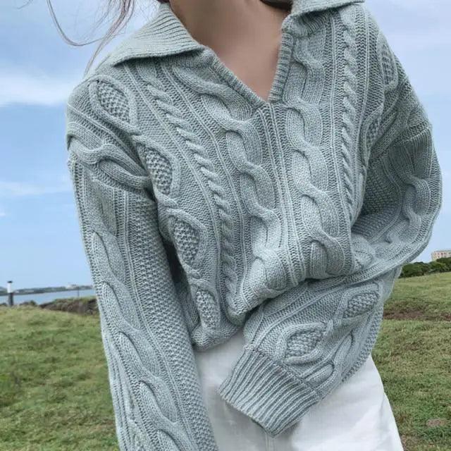 Luxury Kitty Retro Women Sweater Pullovers Knitted Casual Solid Autumn Turn-down Collar Feminine Loose All Match Soft Sweet Tops Stevvex