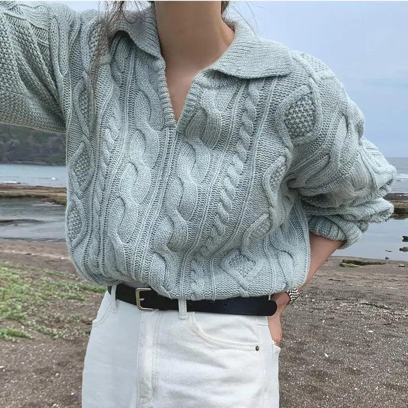Luxury Kitty Retro Women Sweater Pullovers Knitted Casual Solid Autumn Turn-down Collar Feminine Loose All Match Soft Sweet Tops Stevvex