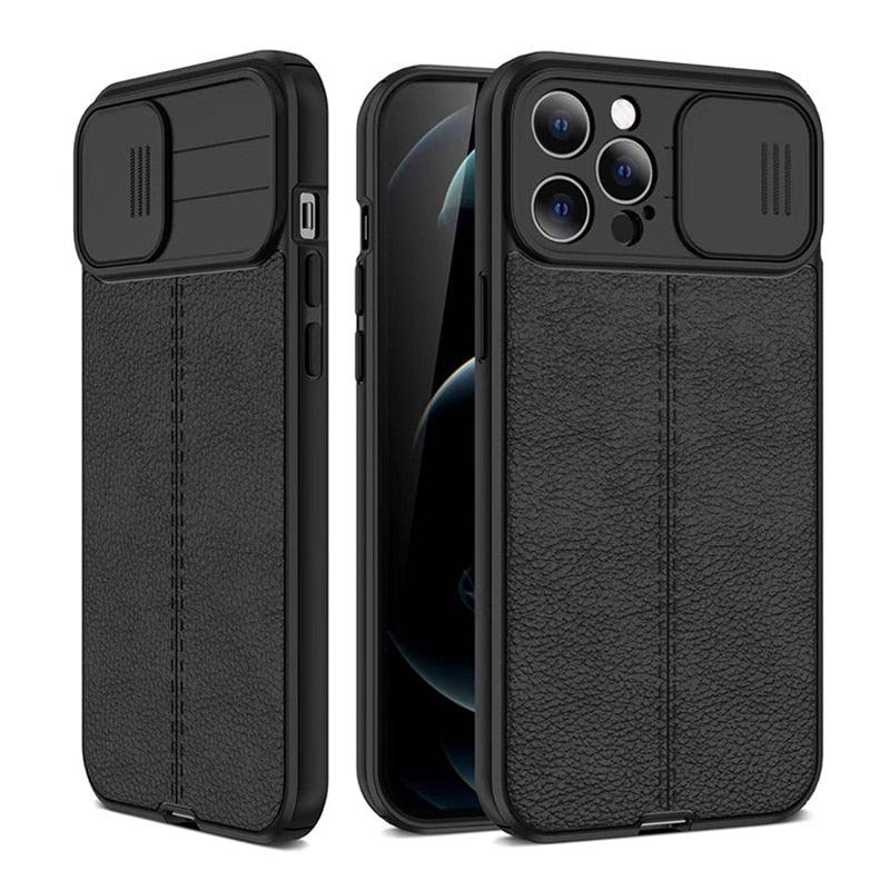 Luxury Leather Black Shockproof Phone Case on For iPhone 13 12 11 14 Pro Max XR X XSMax 14 Case Camera Lens Protection Soft Back Cover Thin Shockproof Case with Slide Camera Case for iPhone Stevvex