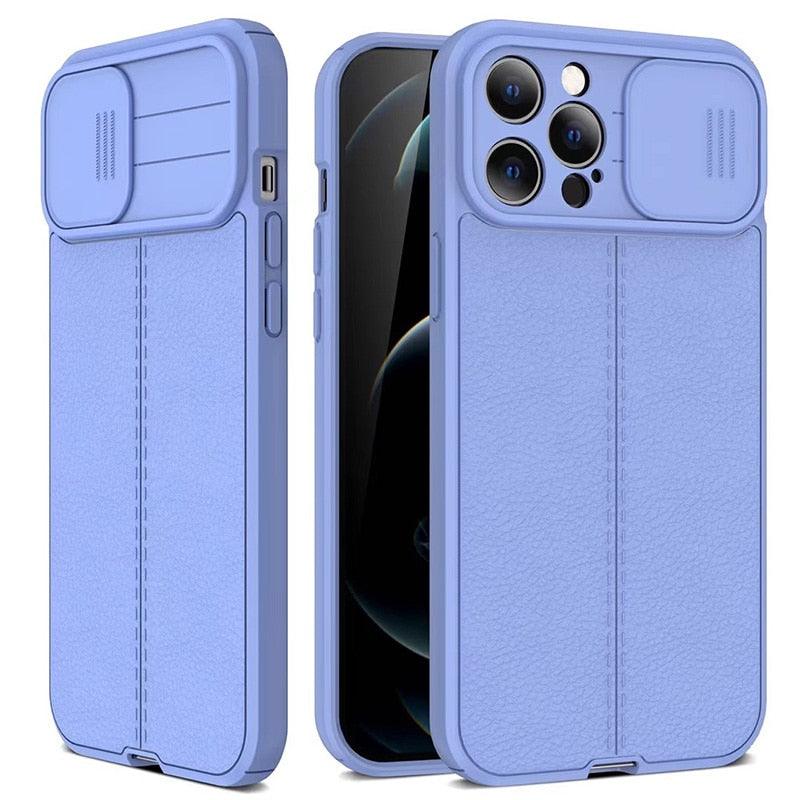 Luxury Leather Black Shockproof Phone Case on For iPhone 13 12 11 14 Pro Max XR X XSMax 14 Case Camera Lens Protection Soft Back Cover Thin Shockproof Case with Slide Camera Case for iPhone Stevvex