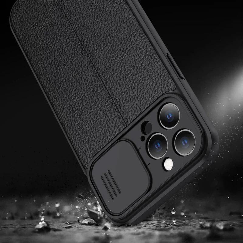 Luxury Leather Black Shockproof Phone Case on For iPhone 13 12 11 14 Pro Max XR X XSMax 14 Case Camera Lens Protection Soft Back Cover Thin Shockproof Case with Slide Camera Case for iPhone Stevvex