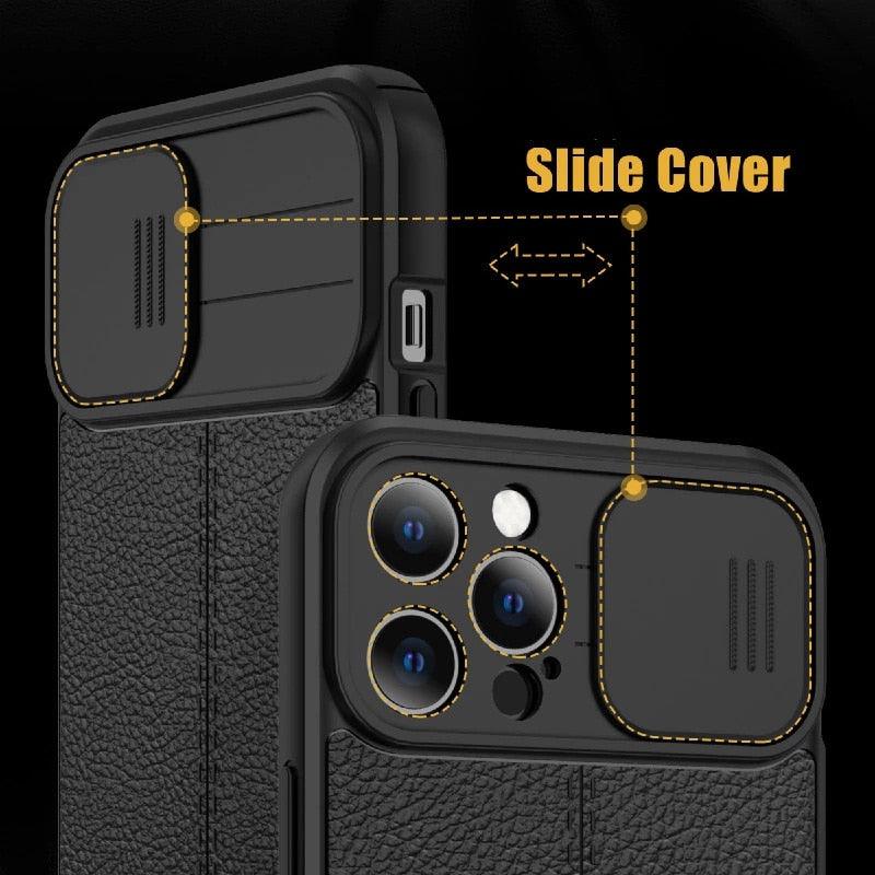 Luxury Leather Black Shockproof Phone Case on For iPhone 13 12 11 14 Pro Max XR X XSMax 14 Case Camera Lens Protection Soft Back Cover Thin Shockproof Case with Slide Camera Case for iPhone Stevvex