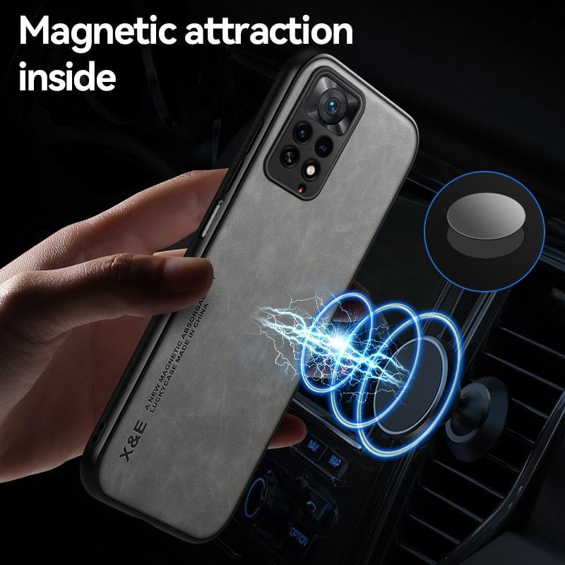 Luxury Leather Magnetic Case For Xiaomi Redmi Note 11 10 9 11E Pro 11S 10S 12 12X 10C POCO X3 NFC Pro F3 Covers With Metal Plate  Leather Premium Back Cover Mobile Phone Case Flexible Protective Ultra Thin Scratchproof Phone Cover Stevvex