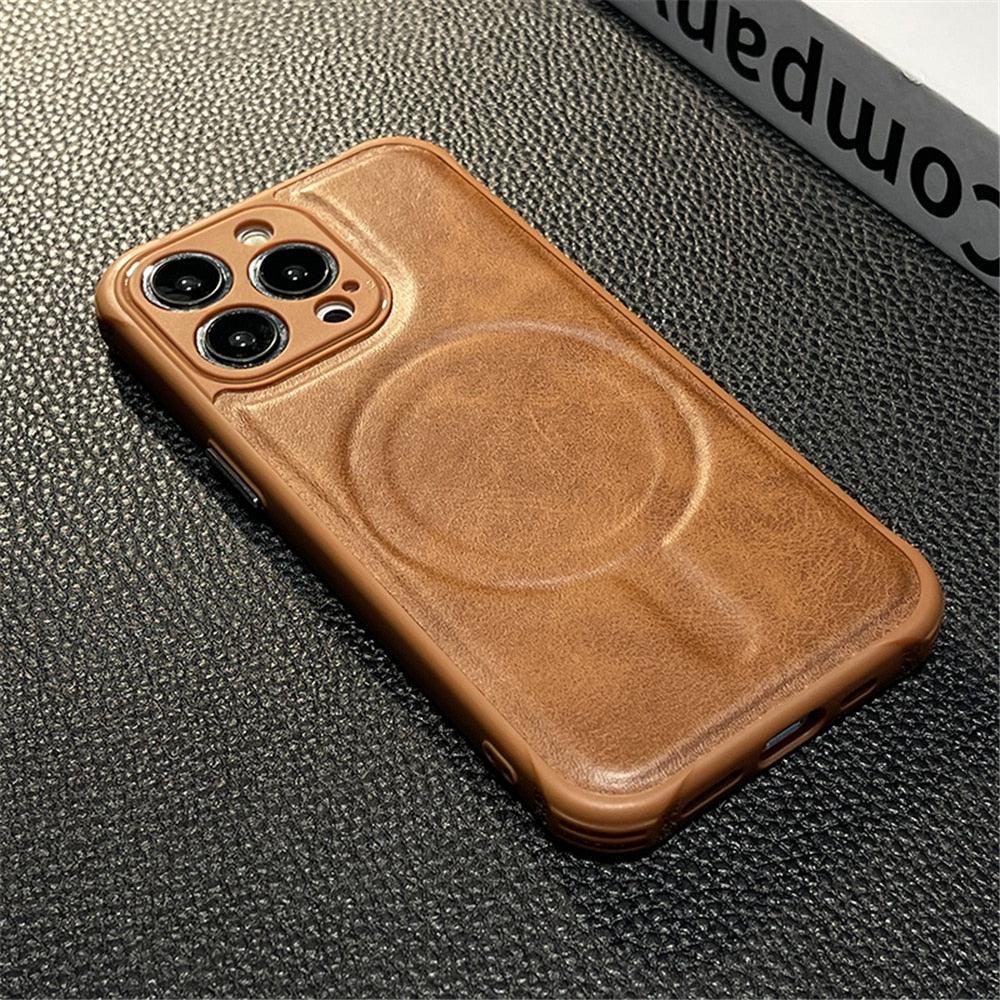 Luxury Leather Magnetic Wireless Charging Case For iPhone 14 11 12 13 Pro Max X XS XR 8 7 Plus Shockproof Soft Cover Shockproof Unique Vintage Design Leather Case For iPhone Stevvex
