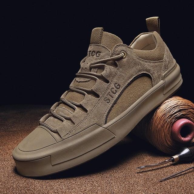 Luxury Leather Men's Sneakers Lace Up Mens Casual Outdoor Canvas Shoes Handmade Fashion Walking Sneakers Comfortable Modern Design Sneakers For Man Stevvex