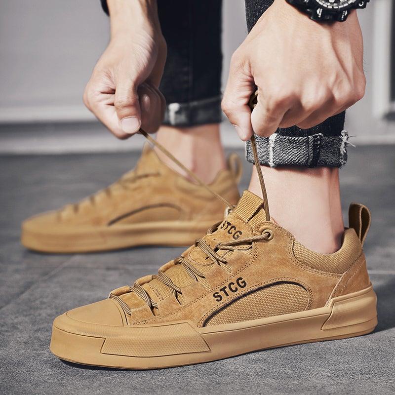 Luxury Leather Men's Sneakers Lace Up Mens Casual Outdoor Canvas Shoes Handmade Fashion Walking Sneakers Comfortable Modern Design Sneakers For Man Stevvex