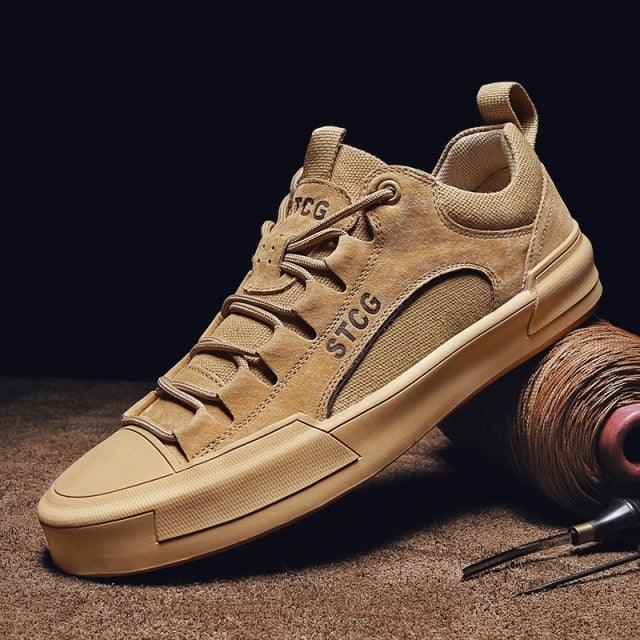 Luxury Leather Men's Sneakers Lace Up Mens Casual Outdoor Canvas Shoes Handmade Fashion Walking Sneakers Comfortable Modern Design Sneakers For Man Stevvex