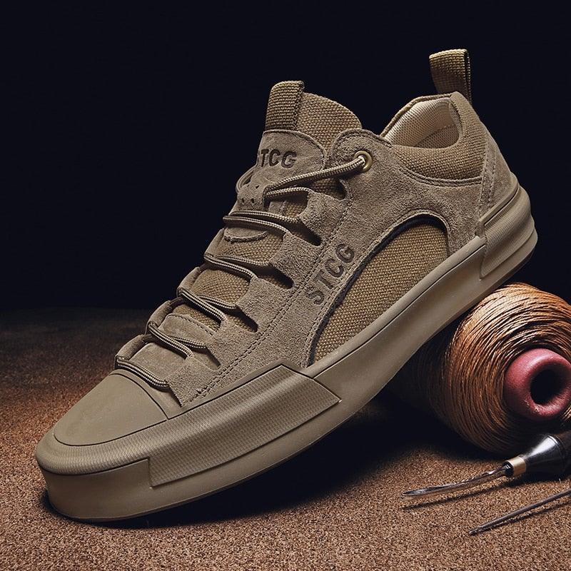 Luxury Leather Men's Sneakers Lace Up Mens Casual Outdoor Canvas Shoes Handmade Fashion Walking Sneakers Comfortable Modern Design Sneakers For Man Stevvex