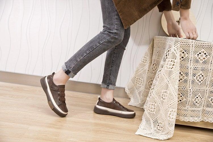 Luxury Leather Womens Sneakers Spring Shoes New Genuine Leather Casual Women Fashion Flat Girl Student Shoes Comfortable Women's Casual Flats Elegant Soft Walking Sneakers Stevvex