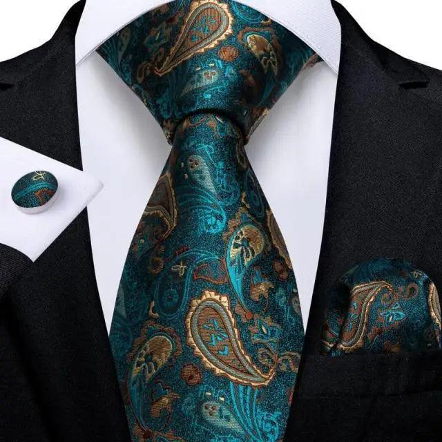 Luxury Men Silk Necktie Pocket Square Matching Handkerchief  Cufflinks Set Formal Design Printed Business Necktie For Men Stevvex