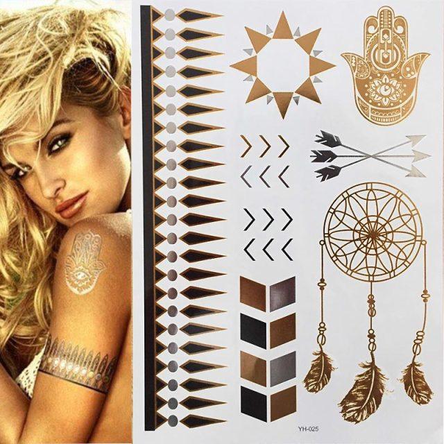 Luxury Metallic Gold Waterproof Temporary Tattoo Feather Elephant Fashion Different Design Tattoos For Womens Stevvex