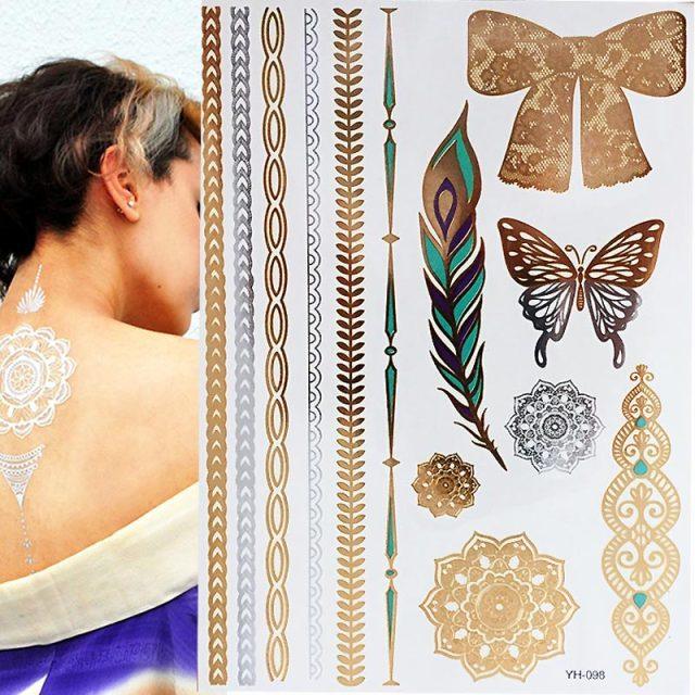 Luxury Metallic Gold Waterproof Temporary Tattoo Feather Elephant Fashion Different Design Tattoos For Womens Stevvex