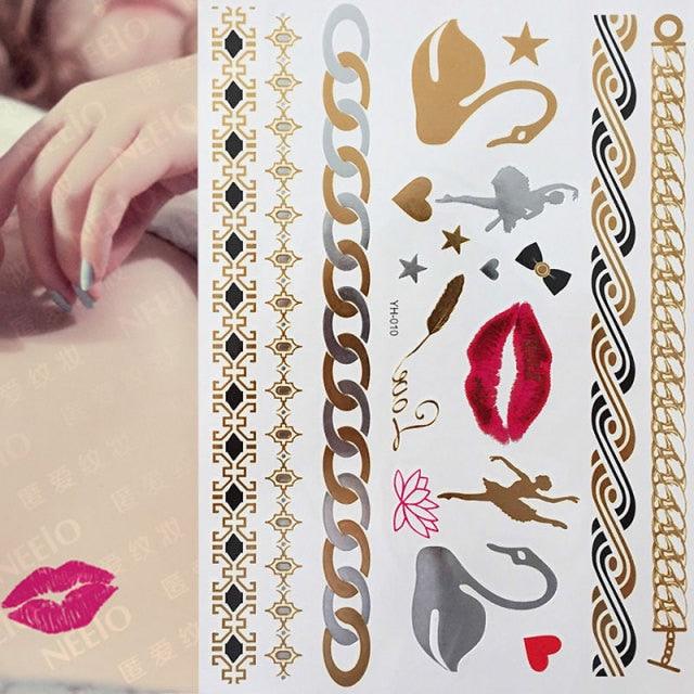 Luxury Metallic Gold Waterproof Temporary Tattoo Feather Elephant Fashion Different Design Tattoos For Womens Stevvex