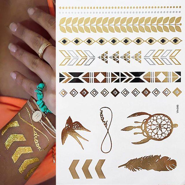 Luxury Metallic Gold Waterproof Temporary Tattoo Feather Elephant Fashion Different Design Tattoos For Womens Stevvex