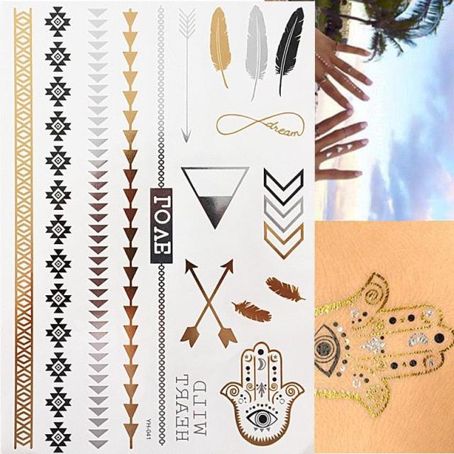 Luxury Metallic Gold Waterproof Temporary Tattoo Feather Elephant Fashion Different Design Tattoos For Womens Stevvex