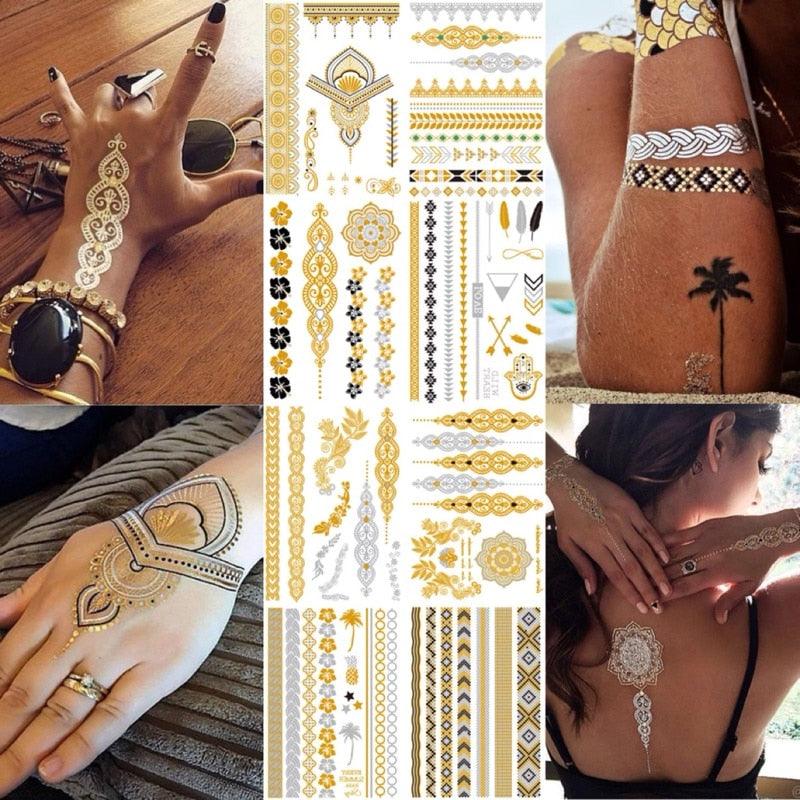 Luxury Metallic Gold Waterproof Temporary Tattoo Feather Elephant Fashion Different Design Tattoos For Womens Stevvex