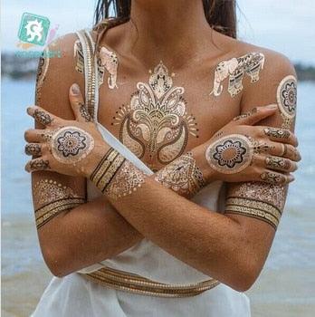 Luxury Metallic Temporary Tattoo Gold Silver Flower Sticker Long Lasting Gold Design For Womens Stevvex