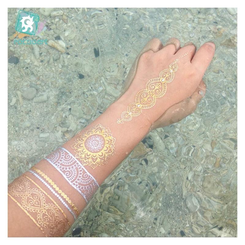 Luxury Metallic Temporary Tattoo Gold Silver Flower Sticker Long Lasting Gold Design For Womens Stevvex