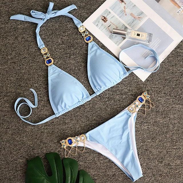Luxury Purple Halter Crystal Diamond Bikini Female Swimsuit Women Swimwear Rhinestone Bikini Set Bathing Suit Women's Swimwear Rhinestone Halter Low Waist Tie Side Bikini Set 2 Pieces Crystal Diamond Swimsuit Stevvex