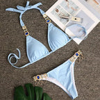 Luxury Purple Halter Crystal Diamond Bikini Female Swimsuit Women Swimwear Rhinestone Bikini Set Bathing Suit Women's Swimwear Rhinestone Halter Low Waist Tie Side Bikini Set 2 Pieces Crystal Diamond Swimsuit Stevvex