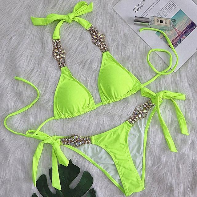 Luxury Purple Halter Crystal Diamond Bikini Female Swimsuit Women Swimwear Rhinestone Bikini Set Bathing Suit Women's Swimwear Rhinestone Halter Low Waist Tie Side Bikini Set 2 Pieces Crystal Diamond Swimsuit Stevvex