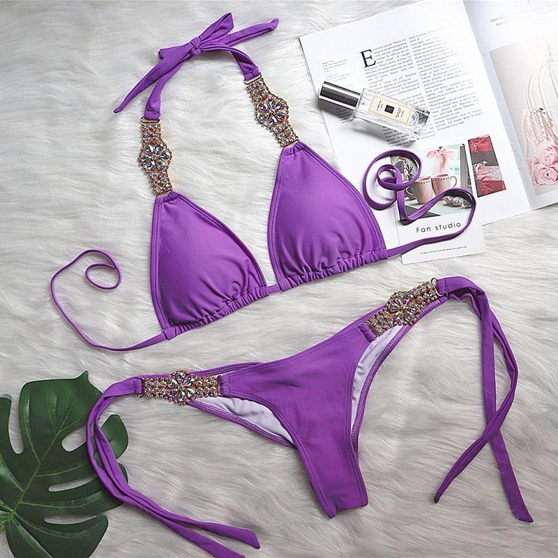 Luxury Purple Halter Crystal Diamond Bikini Female Swimsuit Women Swimwear Rhinestone Bikini Set Bathing Suit Women's Swimwear Rhinestone Halter Low Waist Tie Side Bikini Set 2 Pieces Crystal Diamond Swimsuit Stevvex