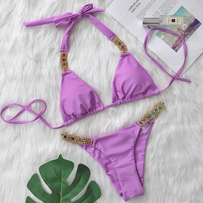 Luxury Purple Halter Crystal Diamond Bikini Female Swimsuit Women Swimwear Rhinestone Bikini Set Bathing Suit Women's Swimwear Rhinestone Halter Low Waist Tie Side Bikini Set 2 Pieces Crystal Diamond Swimsuit Stevvex