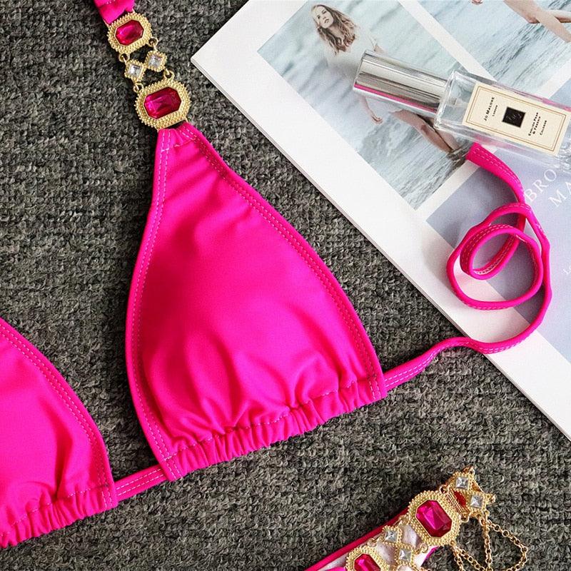 Luxury Purple Halter Crystal Diamond Bikini Female Swimsuit Women Swimwear Rhinestone Bikini Set Bathing Suit Women's Swimwear Rhinestone Halter Low Waist Tie Side Bikini Set 2 Pieces Crystal Diamond Swimsuit Stevvex