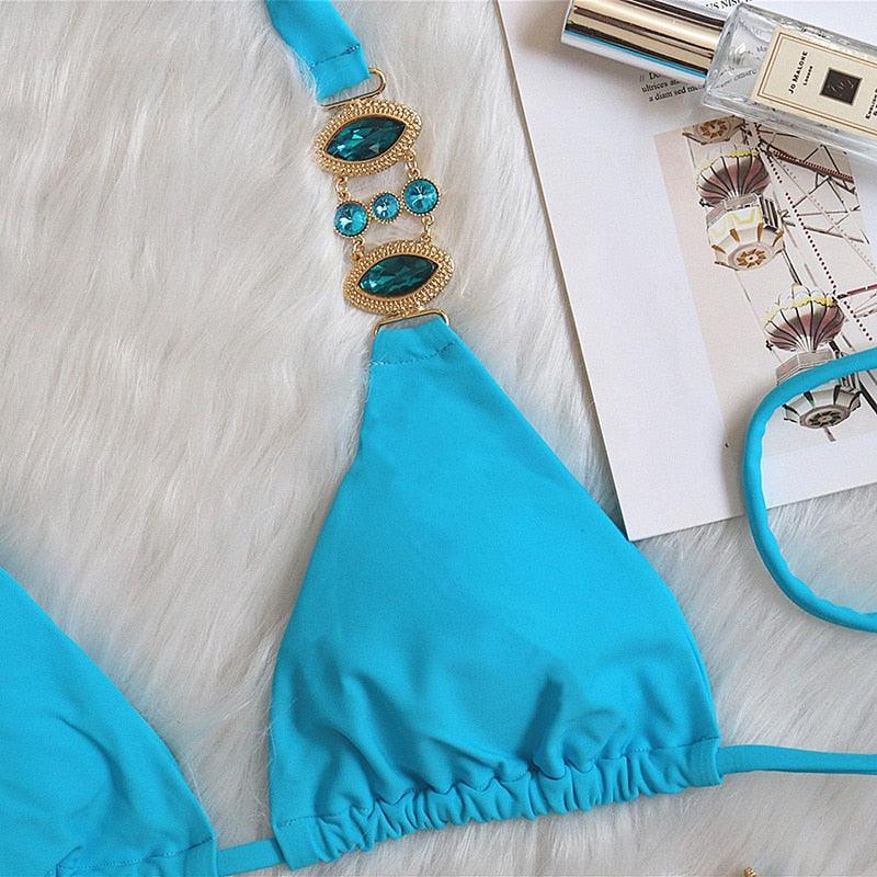 Luxury Purple Halter Crystal Diamond Bikini Female Swimsuit Women Swimwear Rhinestone Bikini Set Bathing Suit Women's Swimwear Rhinestone Halter Low Waist Tie Side Bikini Set 2 Pieces Crystal Diamond Swimsuit Stevvex