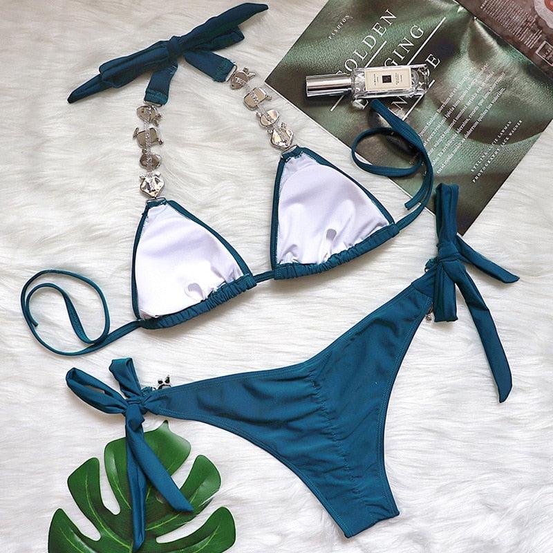 Luxury Purple Halter Crystal Diamond Bikini Female Swimsuit Women Swimwear Rhinestone Bikini Set Bathing Suit Women's Swimwear Rhinestone Halter Low Waist Tie Side Bikini Set 2 Pieces Crystal Diamond Swimsuit Stevvex