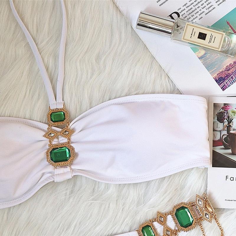 Luxury Purple Halter Crystal Diamond Bikini Female Swimsuit Women Swimwear Rhinestone Bikini Set Bathing Suit Women's Swimwear Rhinestone Halter Low Waist Tie Side Bikini Set 2 Pieces Crystal Diamond Swimsuit Stevvex