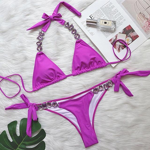 Luxury Purple Halter Crystal Diamond Bikini Female Swimsuit Women Swimwear Rhinestone Bikini Set Bathing Suit Women's Swimwear Rhinestone Halter Low Waist Tie Side Bikini Set 2 Pieces Crystal Diamond Swimsuit Stevvex