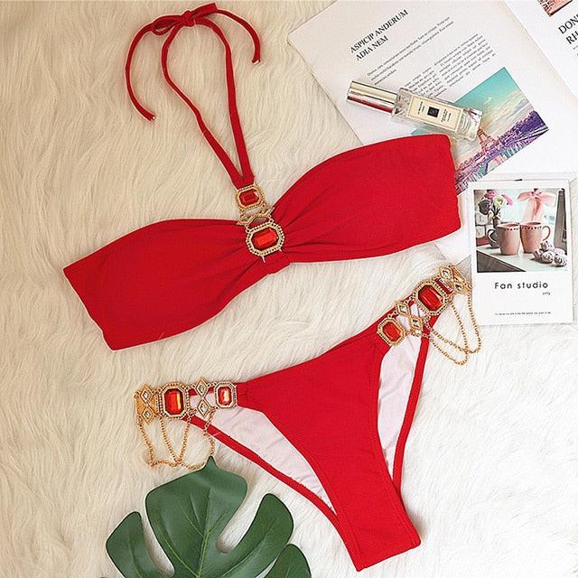 Luxury Purple Halter Crystal Diamond Bikini Female Swimsuit Women Swimwear Rhinestone Bikini Set Bathing Suit Women's Swimwear Rhinestone Halter Low Waist Tie Side Bikini Set 2 Pieces Crystal Diamond Swimsuit Stevvex