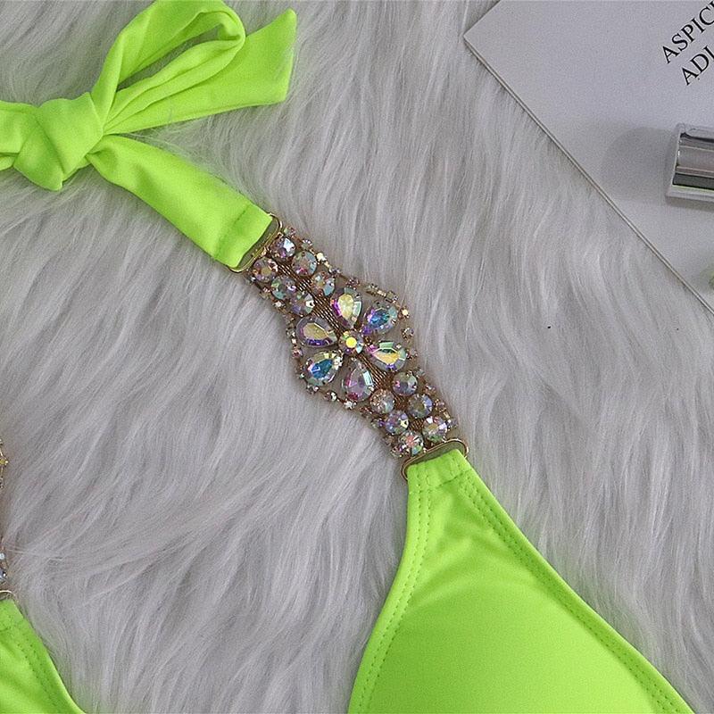 Luxury Purple Halter Crystal Diamond Bikini Female Swimsuit Women Swimwear Rhinestone Bikini Set Bathing Suit Women's Swimwear Rhinestone Halter Low Waist Tie Side Bikini Set 2 Pieces Crystal Diamond Swimsuit Stevvex