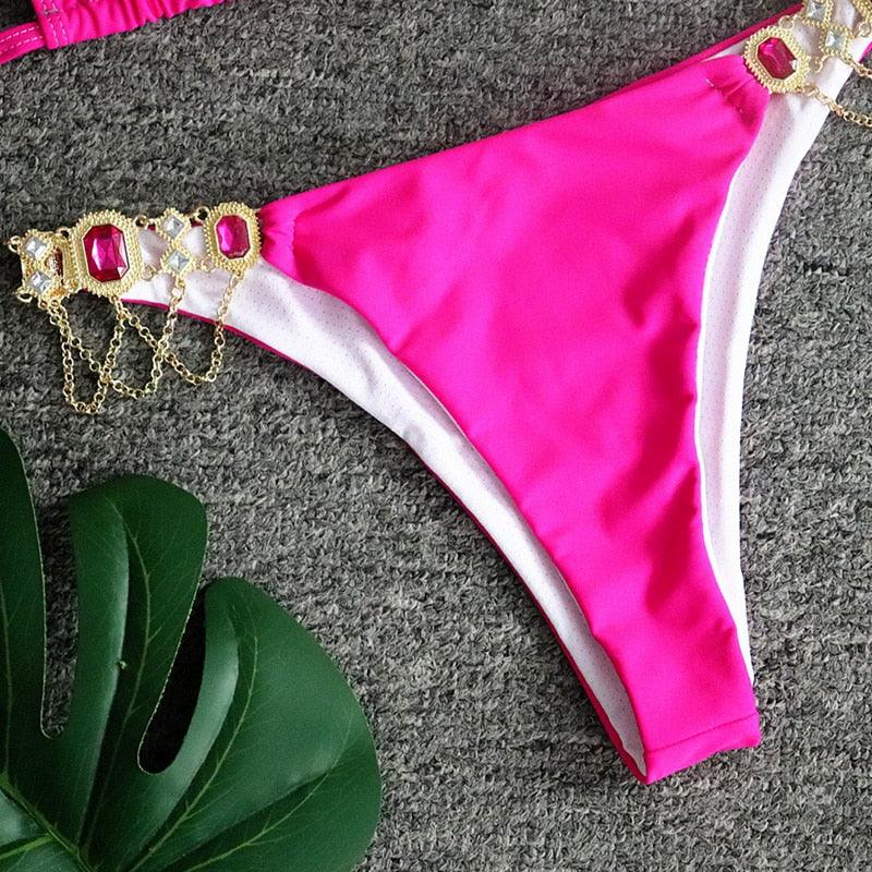Luxury Purple Halter Crystal Diamond Bikini Female Swimsuit Women Swimwear Rhinestone Bikini Set Bathing Suit Women's Swimwear Rhinestone Halter Low Waist Tie Side Bikini Set 2 Pieces Crystal Diamond Swimsuit Stevvex
