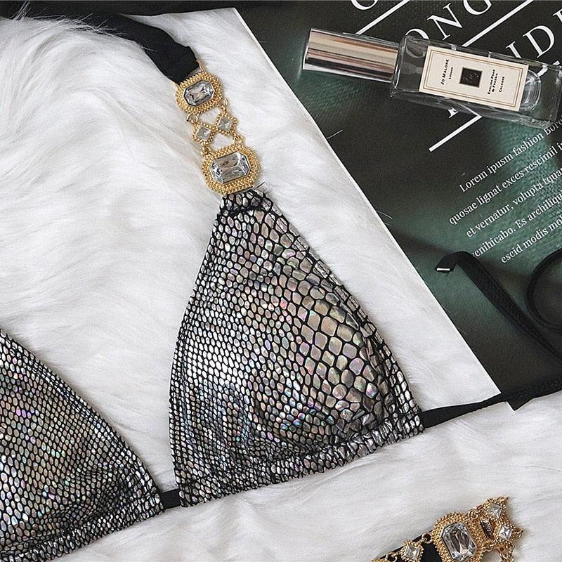 Luxury Purple Halter Crystal Diamond Bikini Female Swimsuit Women Swimwear Rhinestone Bikini Set Bathing Suit Women's Swimwear Rhinestone Halter Low Waist Tie Side Bikini Set 2 Pieces Crystal Diamond Swimsuit Stevvex