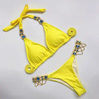 Luxury Purple Halter Crystal Diamond Bikini Female Swimsuit Women Swimwear Rhinestone Bikini Set Bathing Suit Women's Swimwear Rhinestone Halter Low Waist Tie Side Bikini Set 2 Pieces Crystal Diamond Swimsuit Stevvex