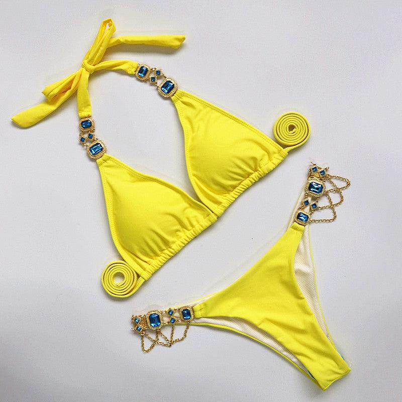 Luxury Purple Halter Crystal Diamond Bikini Female Swimsuit Women Swimwear Rhinestone Bikini Set Bathing Suit Women's Swimwear Rhinestone Halter Low Waist Tie Side Bikini Set 2 Pieces Crystal Diamond Swimsuit Stevvex