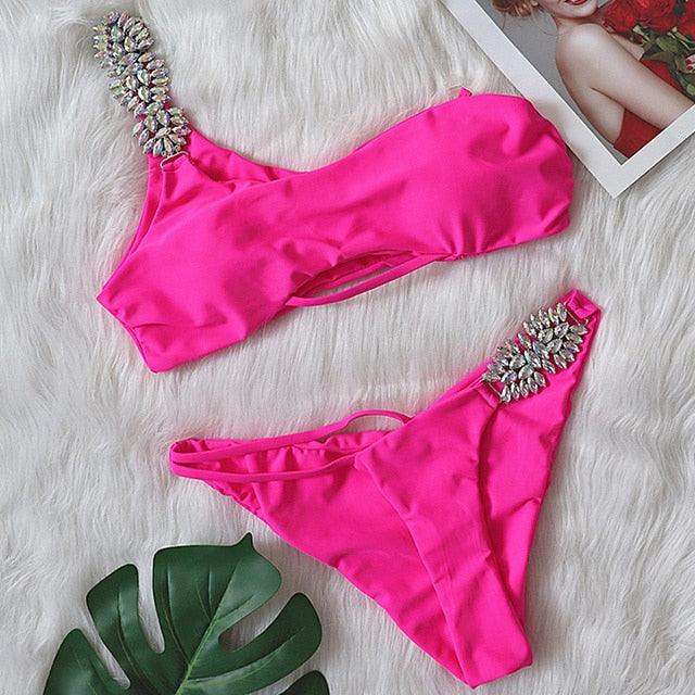 Luxury Purple Halter Crystal Diamond Bikini Female Swimsuit Women Swimwear Rhinestone Bikini Set Bathing Suit Women's Swimwear Rhinestone Halter Low Waist Tie Side Bikini Set 2 Pieces Crystal Diamond Swimsuit Stevvex