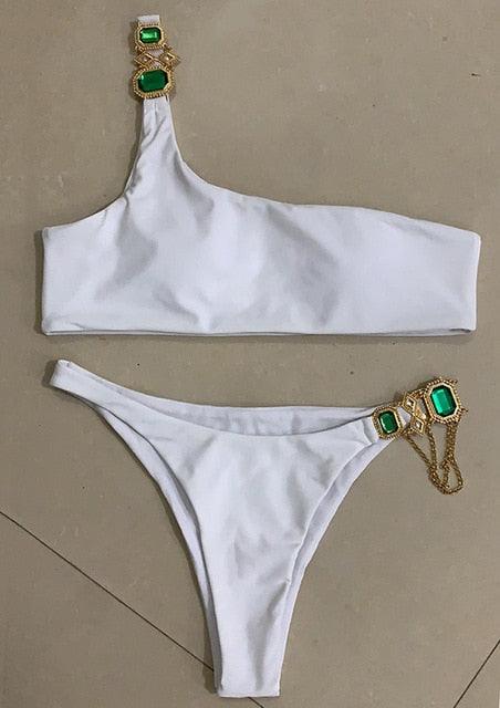 Luxury Purple Halter Crystal Diamond Bikini Female Swimsuit Women Swimwear Rhinestone Bikini Set Bathing Suit Women's Swimwear Rhinestone Halter Low Waist Tie Side Bikini Set 2 Pieces Crystal Diamond Swimsuit Stevvex