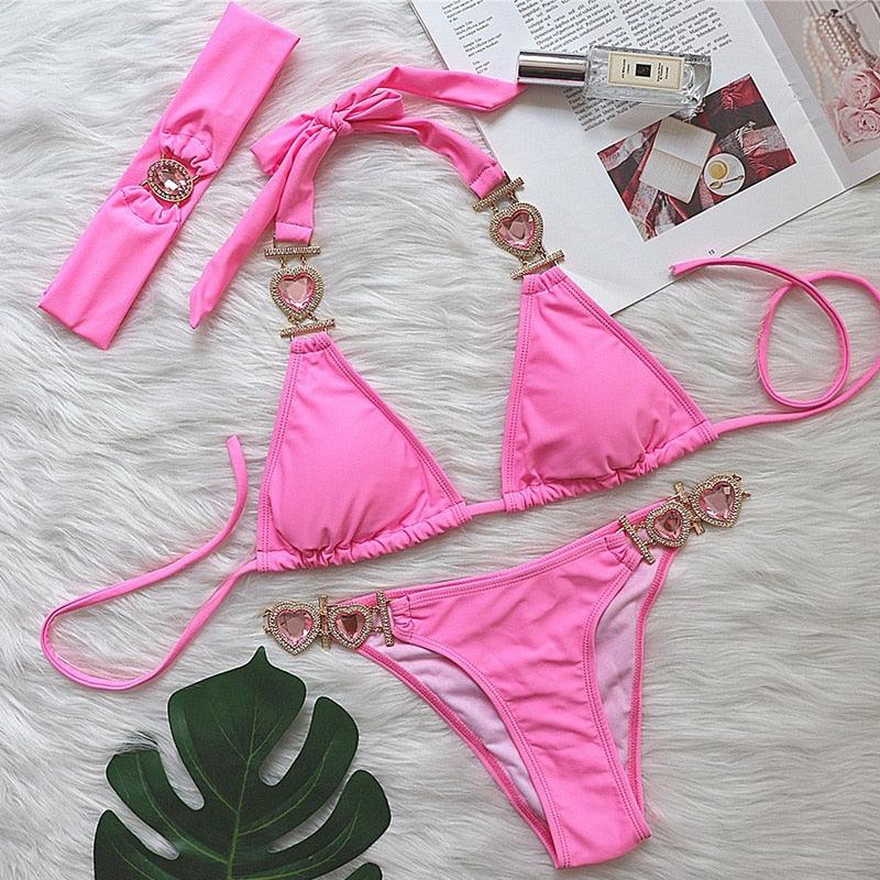 Luxury Purple Halter Crystal Diamond Bikini Female Swimsuit Women Swimwear Rhinestone Bikini Set Bathing Suit Women's Swimwear Rhinestone Halter Low Waist Tie Side Bikini Set 2 Pieces Crystal Diamond Swimsuit Stevvex