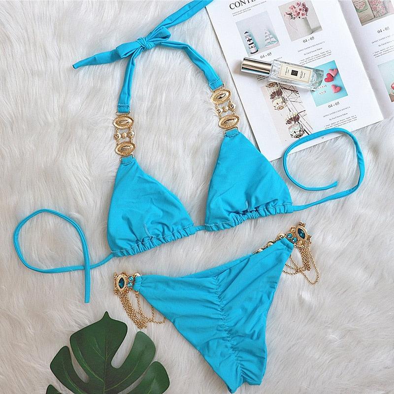 Luxury Purple Halter Crystal Diamond Bikini Female Swimsuit Women Swimwear Rhinestone Bikini Set Bathing Suit Women's Swimwear Rhinestone Halter Low Waist Tie Side Bikini Set 2 Pieces Crystal Diamond Swimsuit Stevvex