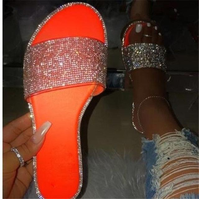 Luxury Rhinestone Slippers New Women Fashion Wild Beach Flip Flops Flat Bottom Outdoor Sandals Open Toe Flat Sandals Rhinestone Glitter On Casual Fashion Ladies Slippers Stevvex