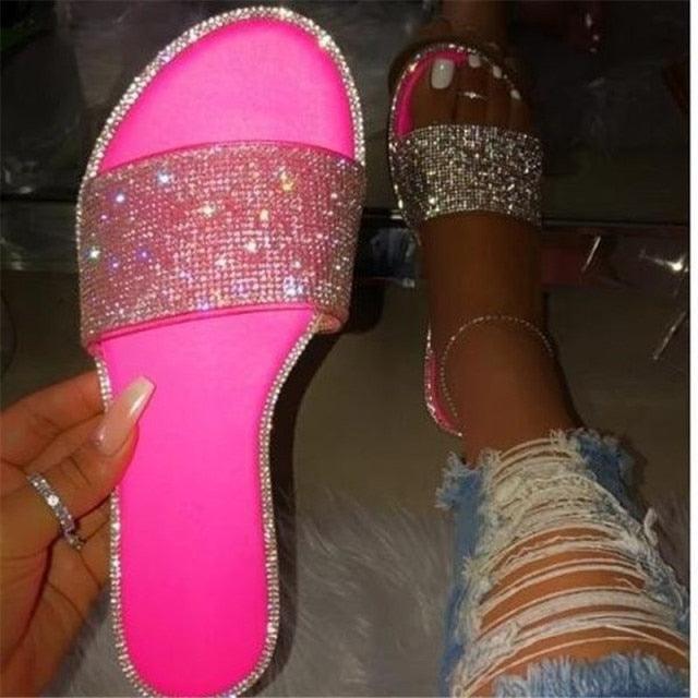 Luxury Rhinestone Slippers New Women Fashion Wild Beach Flip Flops Flat Bottom Outdoor Sandals Open Toe Flat Sandals Rhinestone Glitter On Casual Fashion Ladies Slippers Stevvex