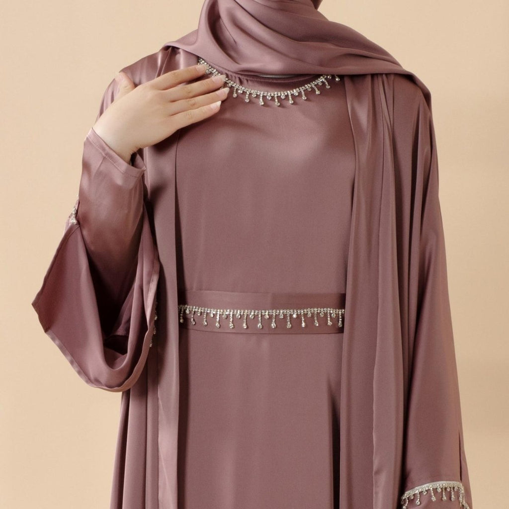 Luxury Satin Abaya With Diamond Tassels Belt,  6-Piece Set (MOA041) - SJB-DIAMOND ELITES