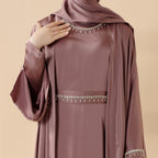 Luxury Satin Abaya With Diamond Tassels Belt,  6-Piece Set (MOA041) - SJB-DIAMOND ELITES