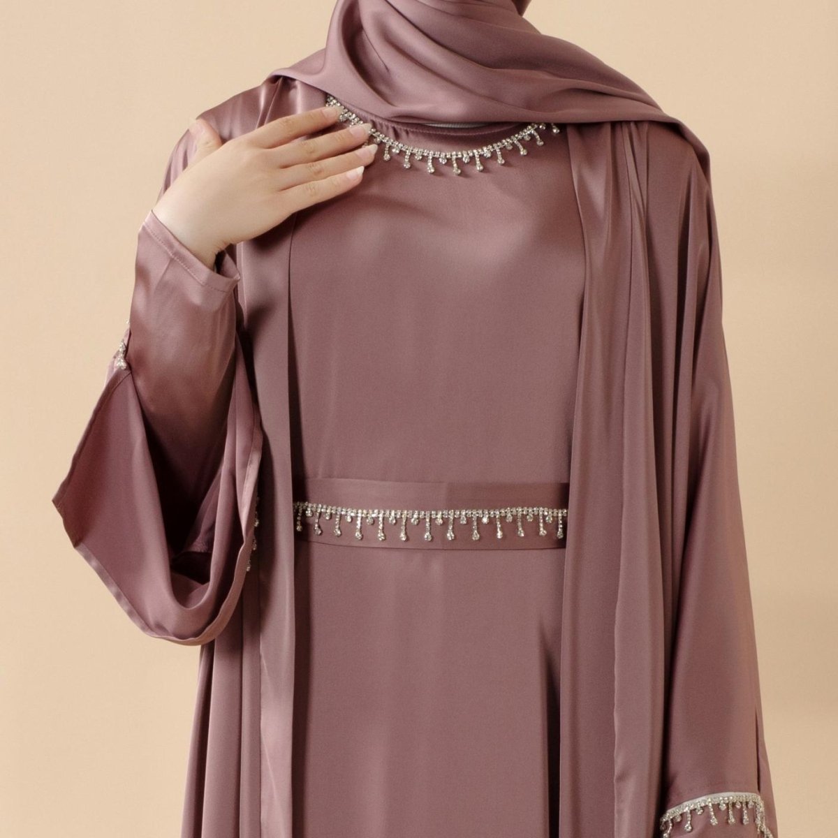 Luxury Satin Abaya With Diamond Tassels Belt,  6-Piece Set (MOA041) - SJB-DIAMOND ELITES